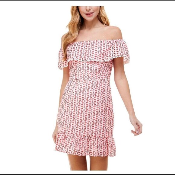 CITY STUDIO Womens Red Eyelet Off Shoulder Above The Knee Dress size 7 - Picture 1 of 5